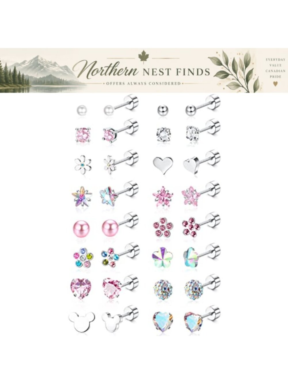 Hypoallergenic Screw Back Stud Earrings Set 316L Stainless Steel 16 Pairs